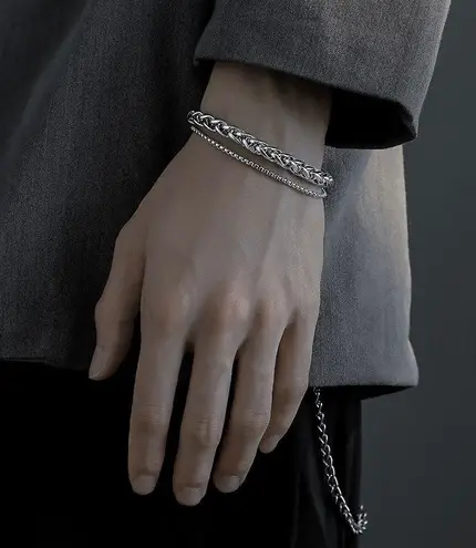 Titanium Steel Layered Bracelet for Men Women,Personality Punk Hip Hop Bracelet Silver