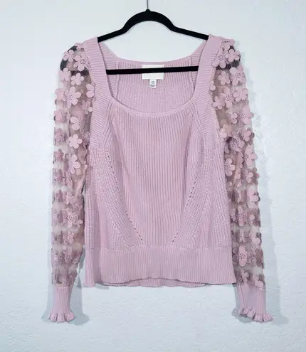 Industry New Pink Floral Appliqué Sheer Sleeve Sweater Size Large