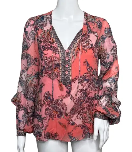 Hale Bob Blouse Women XS Pink Blouse Ruffle Runa Georgette Boho Bohemian Peasant