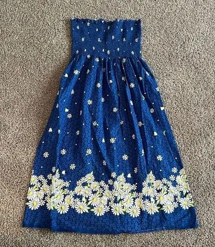 Blue Floral Daisy Print Smocked Bodice Strapless Midi Dress Size M