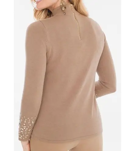 Chico's  Knit Sweater Womens L 12 Tan Bejeweled Wrist Mock Neck Elegant Casual Car