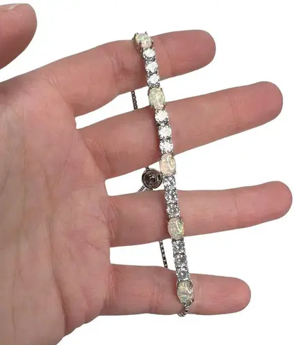 Synthetic Opal and Rhinestone Bolo Slide Lock Silver Tone Bracelet