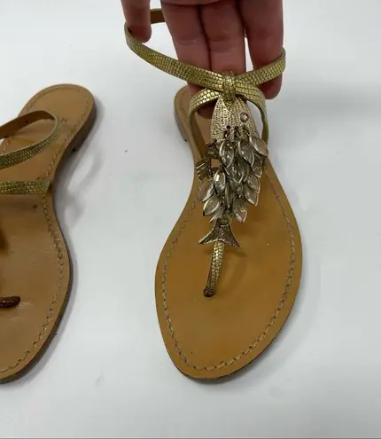 Aerin golden peddle leather t strap sandals with fish scale gem designs 6.5