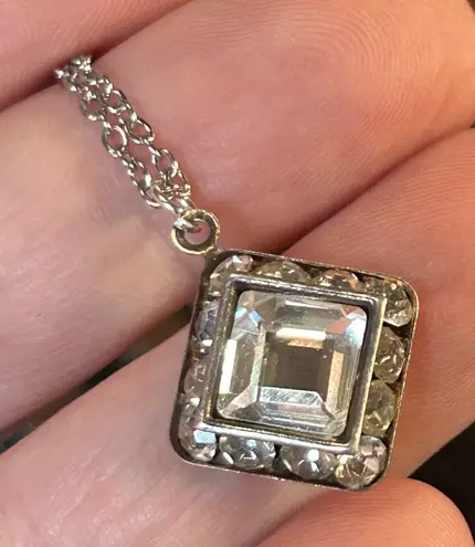 Handmade Handcrafted vintage emerald cut halo clear glass stone pendant on chain necklace