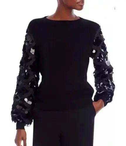 Sioni Milano Black Illusion Sheer Floral Embellished Sleeve Sweater Size Small