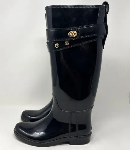 Coach  Talia Rain Boots Riding Tall Black Glossy Rubber Mid Calf Women’s Size 6