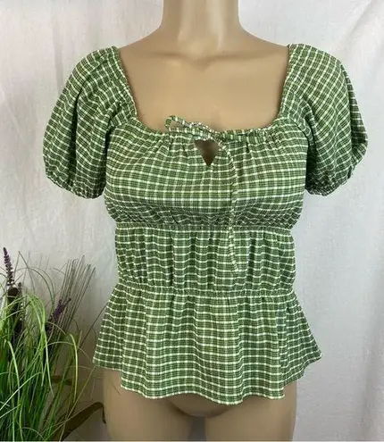 Madewell  Green & Tan Plaid Gingham Short Sleeve Peasant Top NEW M