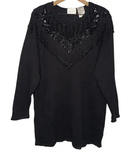 Vintage Beaded Sequin Goth Kathie Lee V Neck Long Sleeve Scalloped Sweater Tunic Black Size M