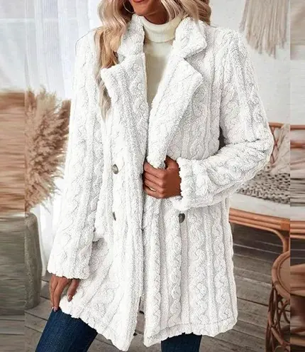 NWT ~ Long Shearling Shaggy Overcoat Soft Open Front Cable Cardigan ~ LARGE White