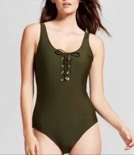 MOSSIMO Women's Olive Green Lace Front Scoop Neck/Back One Piece Swimsuit sz S