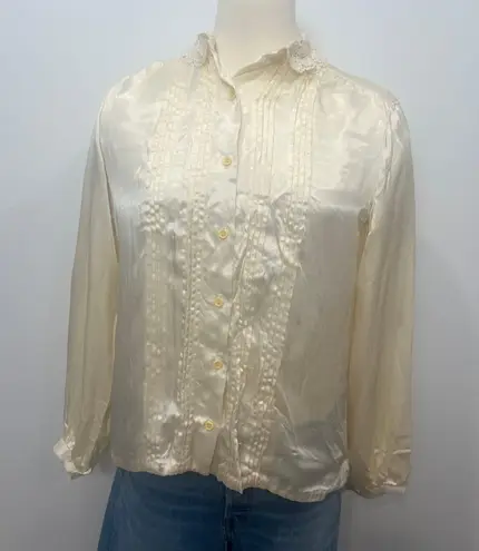 Vintage 70s Prairie Button Up Front Pleated Floral Collar Satin Long Sleeve Top Tan Size 10