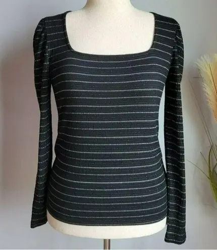 Loft , New, Black Sparkle Puff Sleeve Square Neck Stretch Knit Top Size Medium