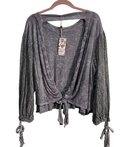 Gimmicks by BKE BKE Gimmicks FAB! Embroidered Mesh Boho Open Tie Festive Top in Gray L With Tags