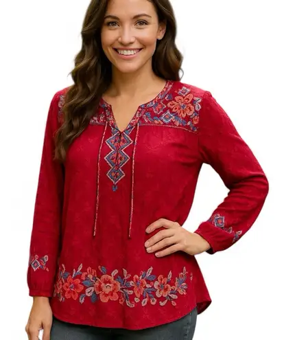 Johnny Was Gina tie neck heavily embroidered blouse NWT RARE