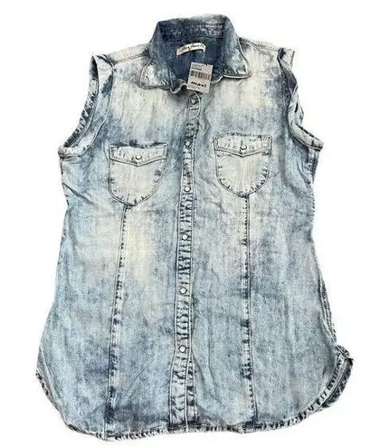 NWT Mavi Acid Wash Sleeveless Lyocell Jean Shirt Snap Button Up Size SMALL Retro