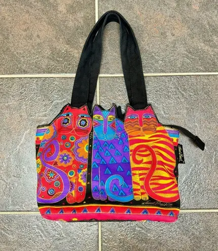 Laurel Burch Medium Zip Top Cat Tote Purse Bag Tres Gatos Canvas Red