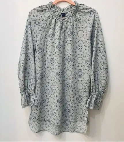 Kaari Blue Floral Grey Blouse tunic Front Keyhole 3/4 Sleeves Sz small