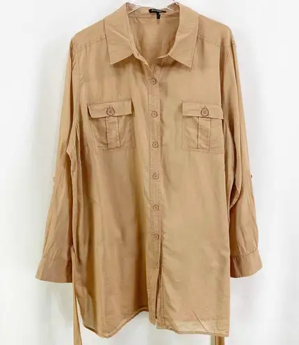 Daisy Fuentes Brown Tie Waist Cotton Button Up Top