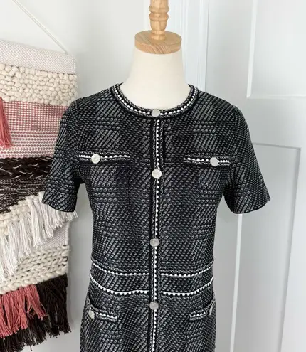 Misook Bold Plaid Tweed Knit Sheath Dress Short Sleeve Stretch Black White Sz S