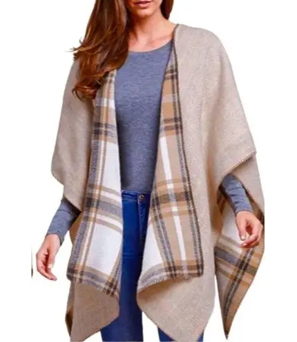 Woolrich Plaid Reversible Blanket Wrap Poncho One Size Shawl Brown Cream Tan
