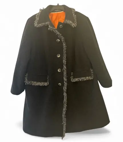 Harvé Benard Harve Benard Women’s Dark Gray Wool Blend Coat with Fringe Trim Vintage