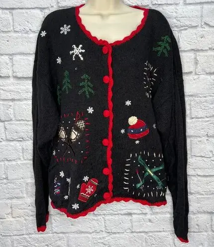 basic editions Vintage Christmas Cardigan Sweater Size XL Black Beaded Sequins