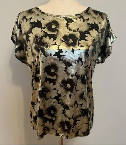 Vintage Oraré Made in USA Black and Silver Metallic Floral Top Size 10