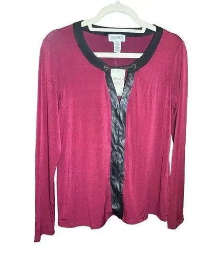 Carmen Marc Valvo wine red long sleeve blouse with faux leather accent sz S NEW