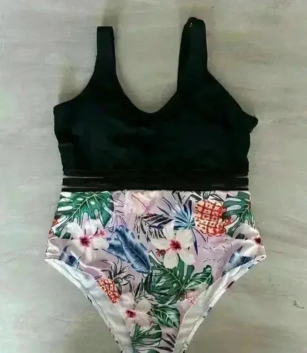 One Piece High Cut Swimsuit Black Floral See Through Mesh Size XL Beach Vacation