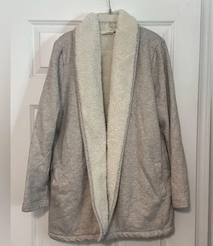 L.L. Bean 1912 Sherpa Lined Open Front Oatmeal Heather Cozy Cardigan Medium Tan