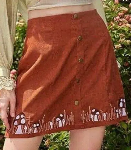 Fairycore Medium Mushroom Embroidery Floral Print Country Style Mini Skirt Brown