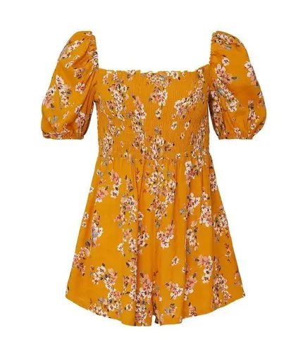 Flynn Skye Justine Romper Women's Small Orange Floral Puff Sleeve Smocked RTR