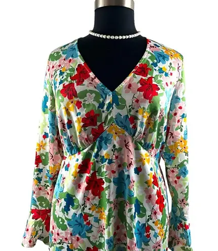 Eloquii  Satin Multi Colored Floral Bell Sleeve Midi Plus Size Dress