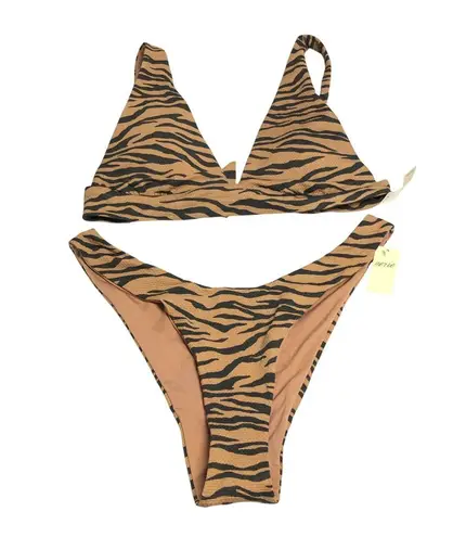 Aerie  Bikini Set Cheekier High Cut Triangle Textured Tiger Stripe Brown M - Image 1