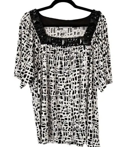 Peter Nygard Black Geo Print Beaded 100% Silk V Neck Blouse Women’s Size XL