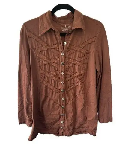 Neon Buddha Brown Ruffle Trim Novelty Media Metal Buttons A Line Tunic Top M Size M
