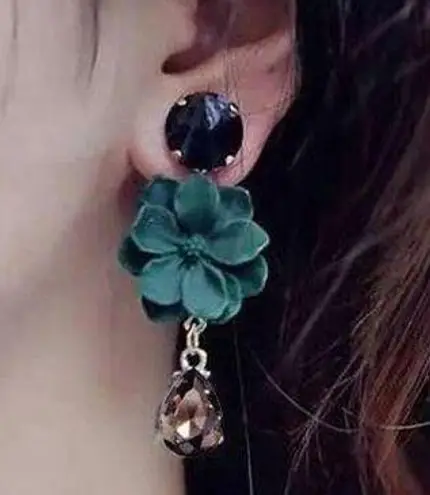Women's Green Flower Crystal Teardrop Dangle Drop Earrings