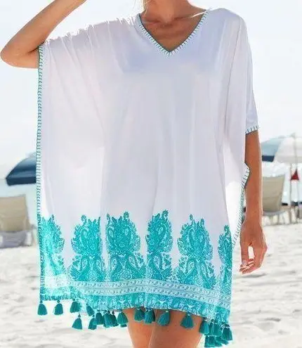 NWT Cabana Life St Pete Embroidered SPF Cover Up White Turquoise Tassel Size S/M Size M