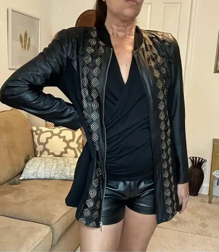 Peter Nygard black faux leather and knit embellished zipper jacket sz S
