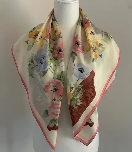 Pastel Floral/Basket Print Silk Scarf Pink