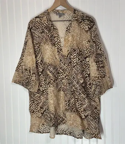 Jessica London 18W Brown Animal Print Linen Blend Tunic Top Boho Safari Blouse