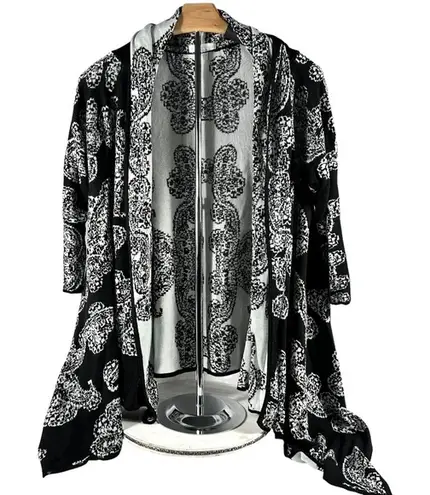 New York And Company Women's | | Black White Geometric Open Front Cascade Cardigan