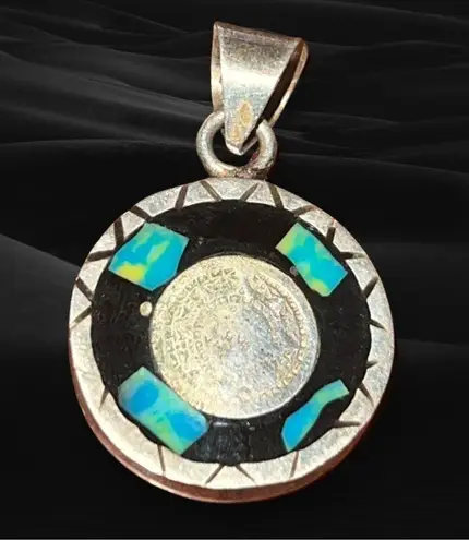2 Sided Mayan Pendent With Bluish Green & Yellow Turquoise Inlay Blue