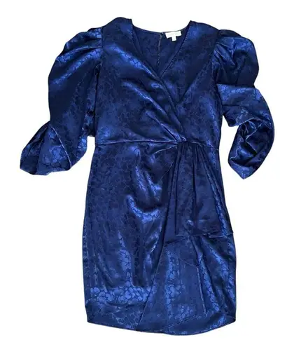 Ronny Kobo Women’s Amara Medieval Blue Floral Puff Sleeve Wrap Mini Dress Large