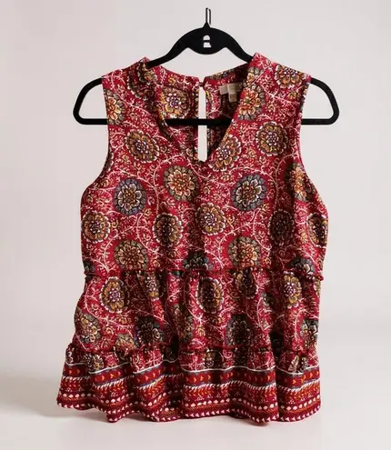 C Lab Sleeveless Tiered Floral V Neck Mock Neck Top Women's Medium Red