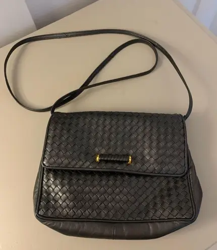 Vintage Ganson Y2K 90s Charcoal Woven Leather Handbag Crossbody Dark Gray Black