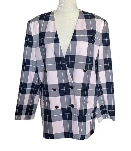 Worthington Vintage  Pink Blue Plaid Check Double Breasted Blazer Women’s Size 16