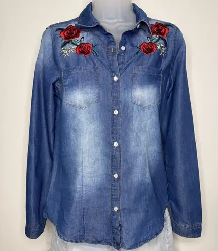Cavalini Denim Collection Embroidered Rose Button Down With Roll Tab Sleeves, PS