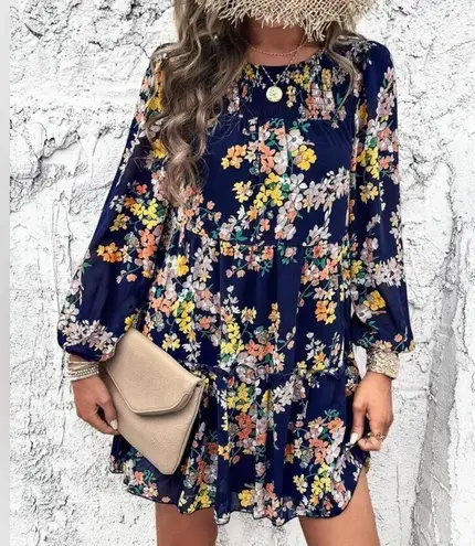NEW Boho Navy and Floral Shirred Bodice Long Sleeve Ruffle Skirt Mini Dress Blue Size M