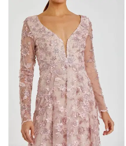 Mac Duggal Floral Applique Long Sleeve Illusion Gown Rose Pink Size 8 70224
